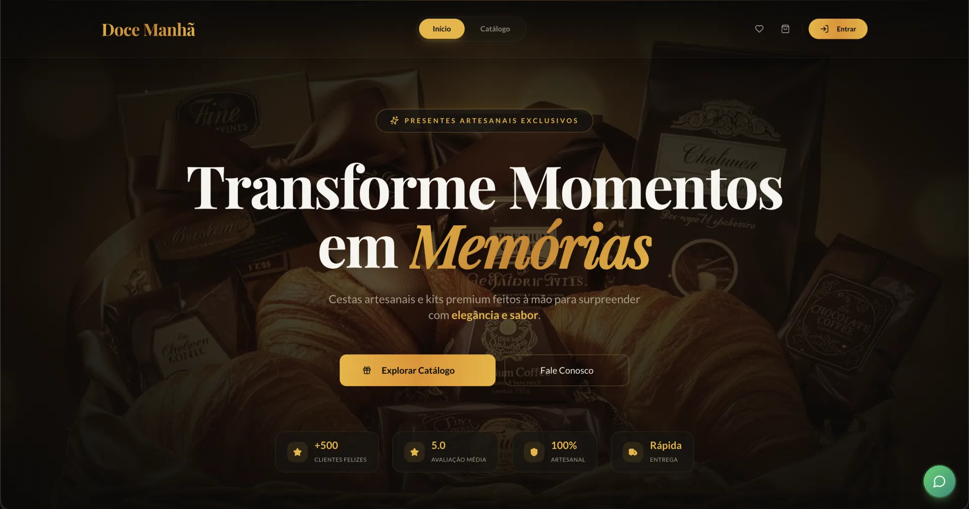 Página inicial do catálogo da Doce Manhã, com cestas e presentes artesanais