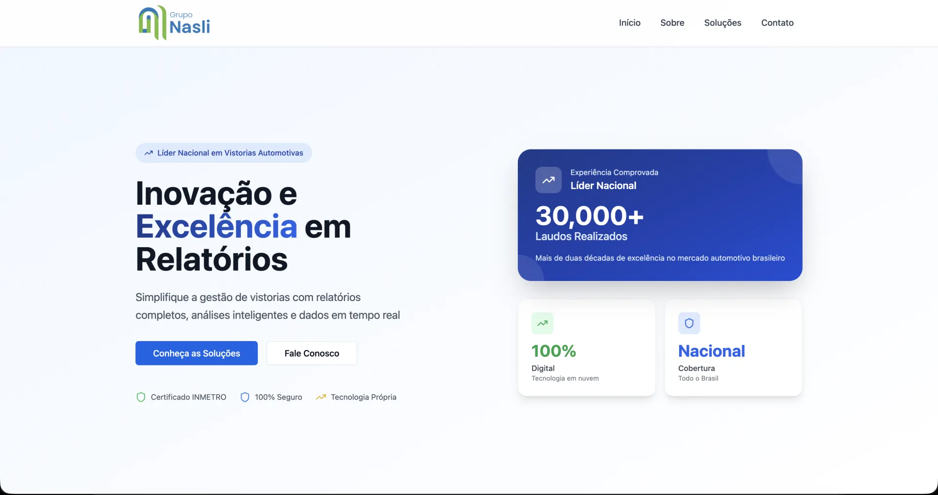 Página pública de apresentação do sistema de relatórios de vistoria do Grupo Nasli
